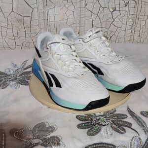 Reebok Women's White and Black Sneakers with Blue Accents